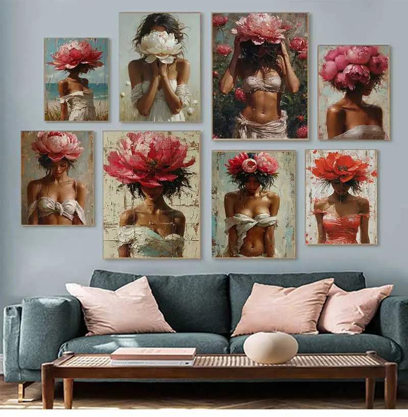 Fashion Style Boho Girl Flower Crown Posters Canvas Painting Aesthetic Wall Art Pictures Luxury Artwork Living Room Home Decor