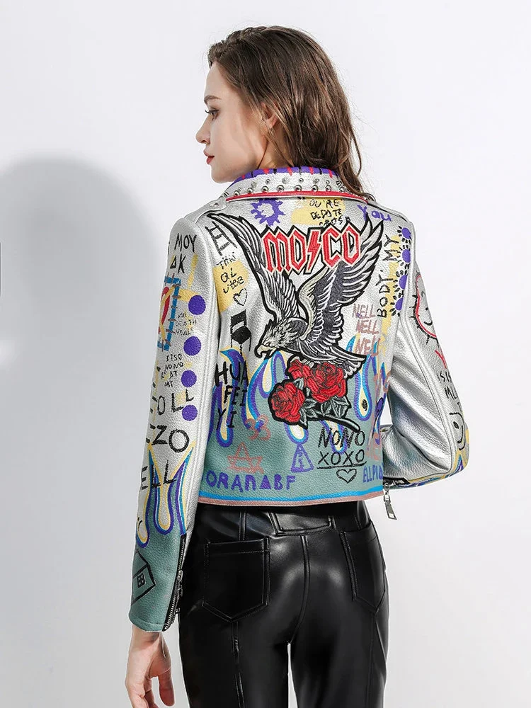 

Contrast Graffiti Print Silver Leather Jacket for Women 2024 New Streetwear Slim-fit Short Punk Rivet Cropped Motorcycle Jackets