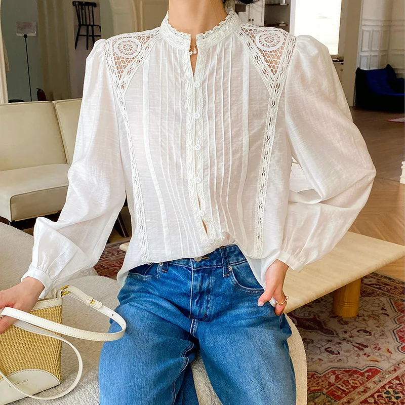 

French Style Elegant White Linen Blouse Shirt Women Autumn Lace Embroidery Hollow Out Long Sleeve Casual Sexy Ladies Shirt New