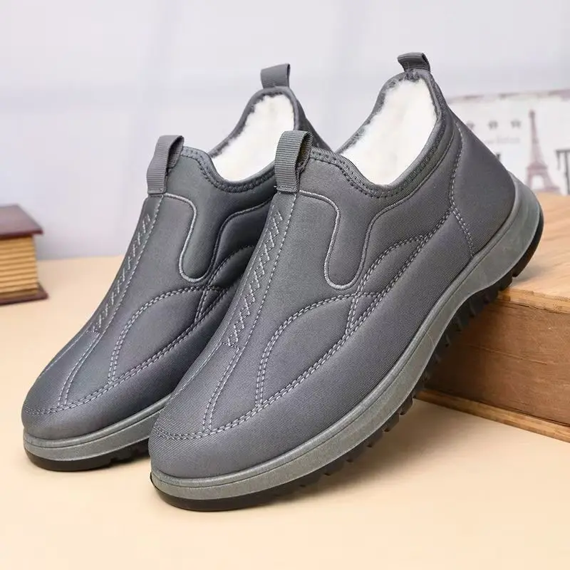 

Men Winter New Low Top Cotton Thick Sole Non Slip Round Toe Slip On Waterproof Plush Warm Snow Boots Elderly Cotton Shoes