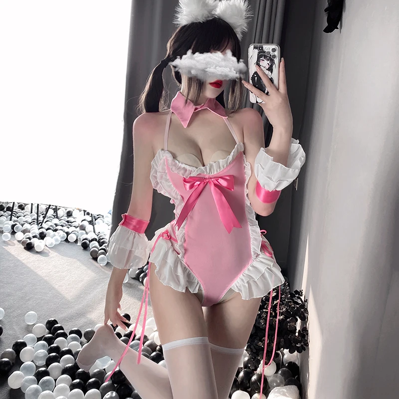 Różowy seksowny kostium króliczka Cosplay kobiety kostium japoński Lolita Anime śliczne otwarte krocza body jednolite Roleplay Kawaii bielizna