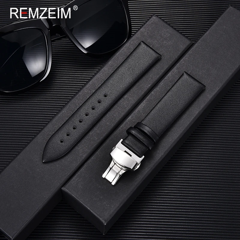 16mm 18mm 20mm 22mm Ultra Thin Soft Leather Strap Watchbands Watch Strap with Automatic Butterfly Clasp Buckle Bracelets