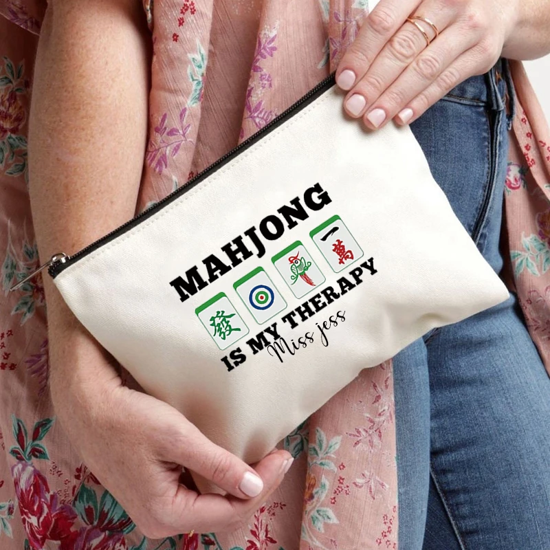 Mahjong Customized Name Canvas Cosmetic Bag Wallet Zipper Storage Pen Bags Travel Perfume Lipstick Pouch Gift for Mahjong Lovers