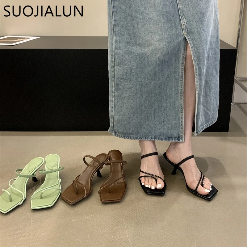 SUOJIALUN 2023 Summer Narrow Band Women Slipper Fashion Square Toe Slip On Ladies Elegant Gladiator Sandal Thin High Heel Slides