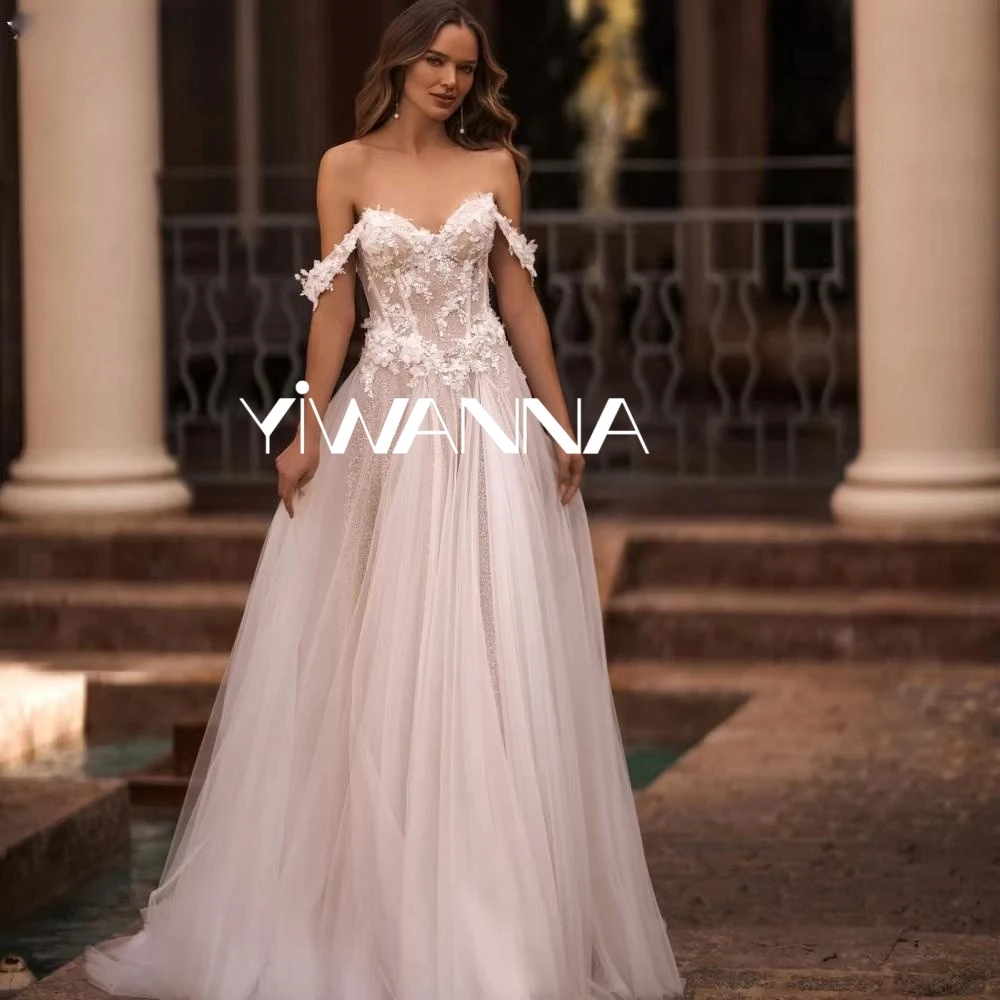 

Graceful Off The Shoulder Bride Robe Sexy Illusion Backless Wedding Dress Glitter Appliques A-line Bridal Gown Robe De Mariée