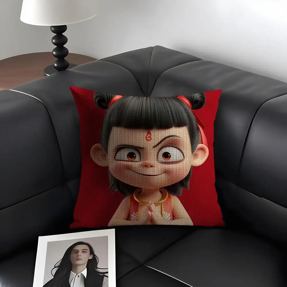 الفيلم الشهير N-Nezha غطاء الوسادة الكتان الطبيعي النسيج العضوي الوجهين الطباعة أريكة ديكور المنزل هدية كيس وسادة #3