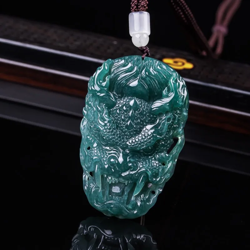 Natural Real Blue Water Jade Zodiac Mighty Dragon Pendant Necklace Carved Charm Jadeite Jewelry Fashion Amulet Woman Gifts