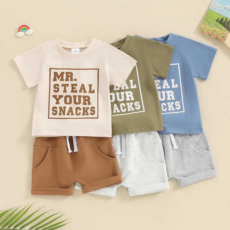 

VISgogo 2 Pcs Baby Boy Summer Outfits Round Neck Short Sleeve Letter Print Tops + Elastic Waist Shorts Infant Toddler Casual Set