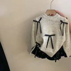Korean Version of Little Girl Bow Knitted Sweater Cake Skirt 2024 Autumn New Fashion Suit Children's Clothing Trend