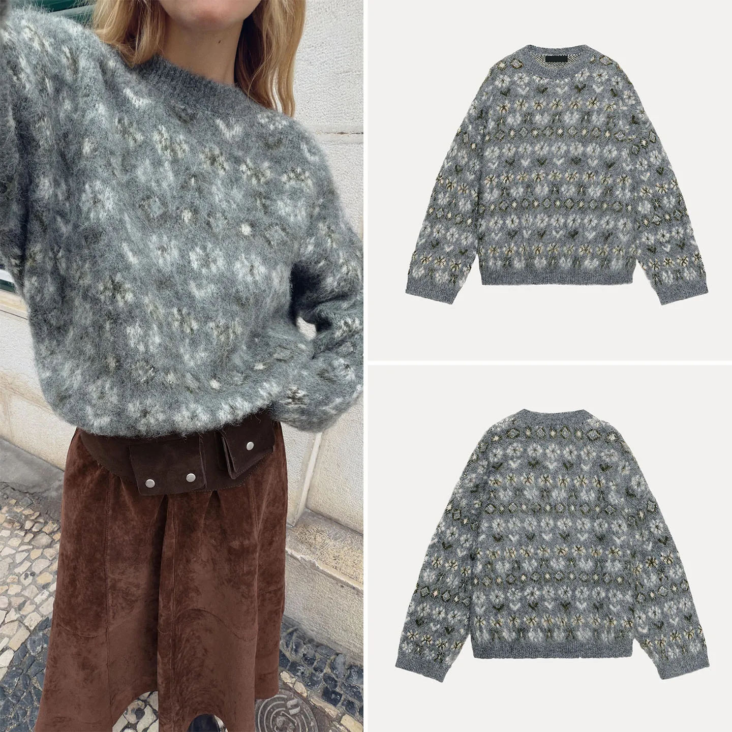 

Осень 2023, женский вязаный свитер, длинный све, круглый, Ne, цвет, эффект натирания, вышивка, европейский Sle Faion, повседневная одежда