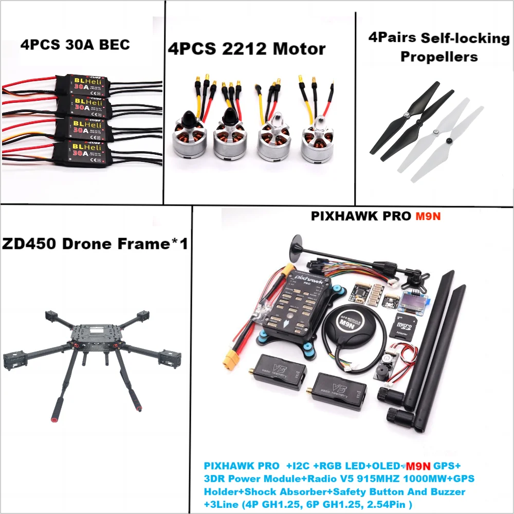 PIXHAWK PRO Control de vuelo fibra de carbono 450 marco FPV 2212 Motor ESC Ardupilot 100MW Radio telemetría Quadcopter BLHELI 30A