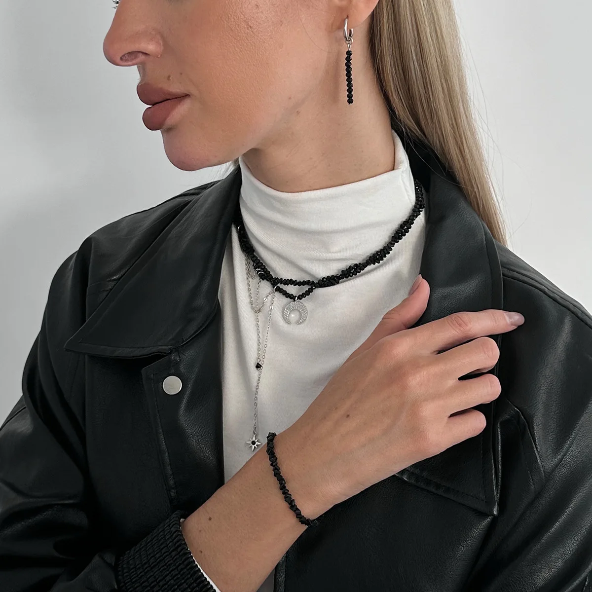 Wind simple jewelry irregular crystal beaded necklace personalized fringed earrings bracelet item combination