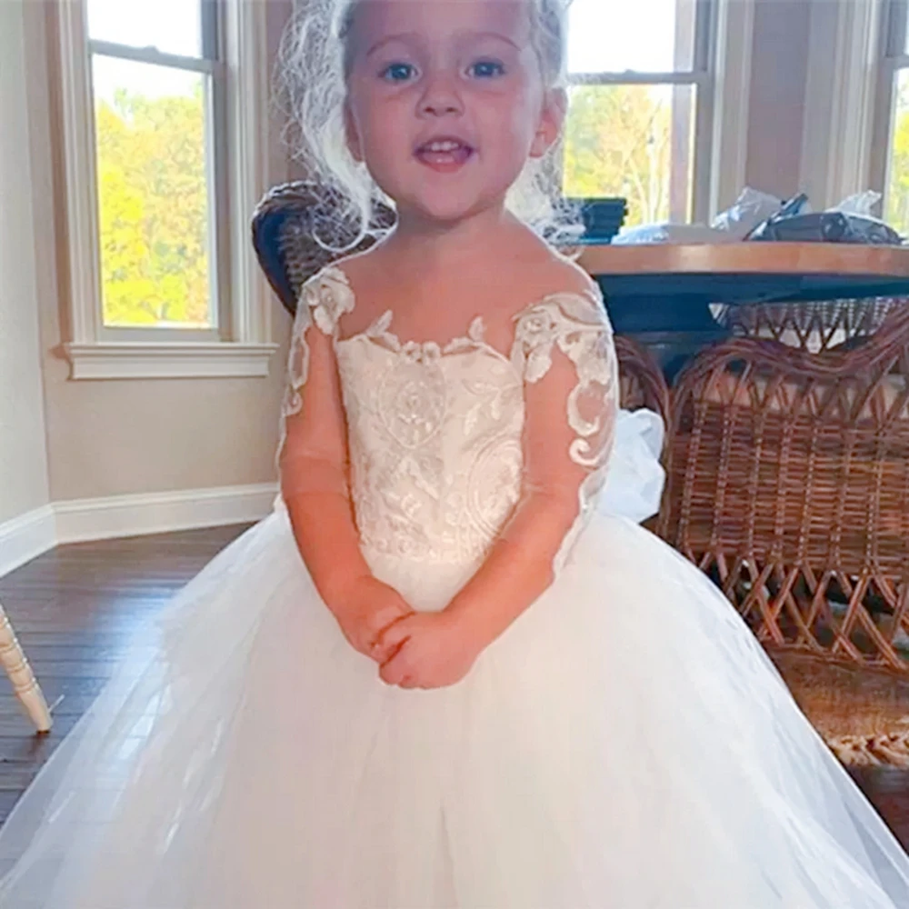 Vestido de princesa con flores para niñas, traje de baile de dama de honor con lazo