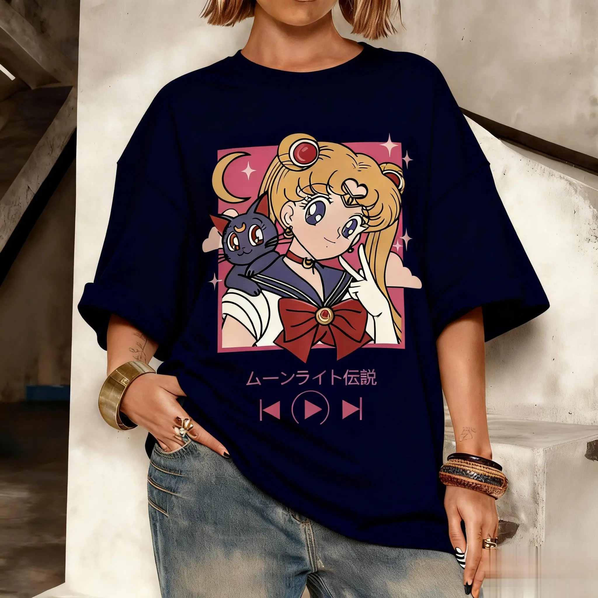 

Летняя модная уличная одежда большого размера, кавайная футболка с рисунком Сейлор Мун для мужчин и женщин, футболка с короткими рукавами и принтом аниме, повседневная одежда Y2k