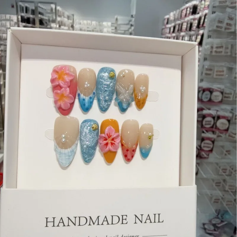 

10PCS Handmade 3D Pink Flowers Almond Press on Nails Summer Blue Ocean Style French with Seastar Shell Design False Nails Patch