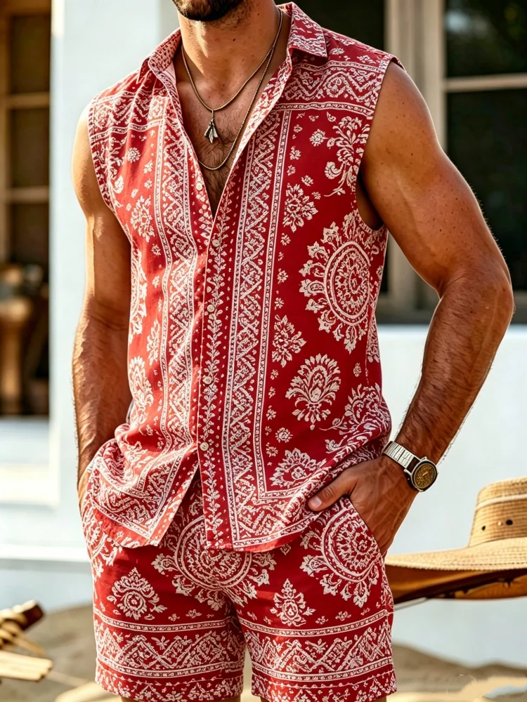 

Men's Sleeveless Button-Down Shirt & Shorts Set, Loose Comfort Red Bandana Print Casual Summer Outfit