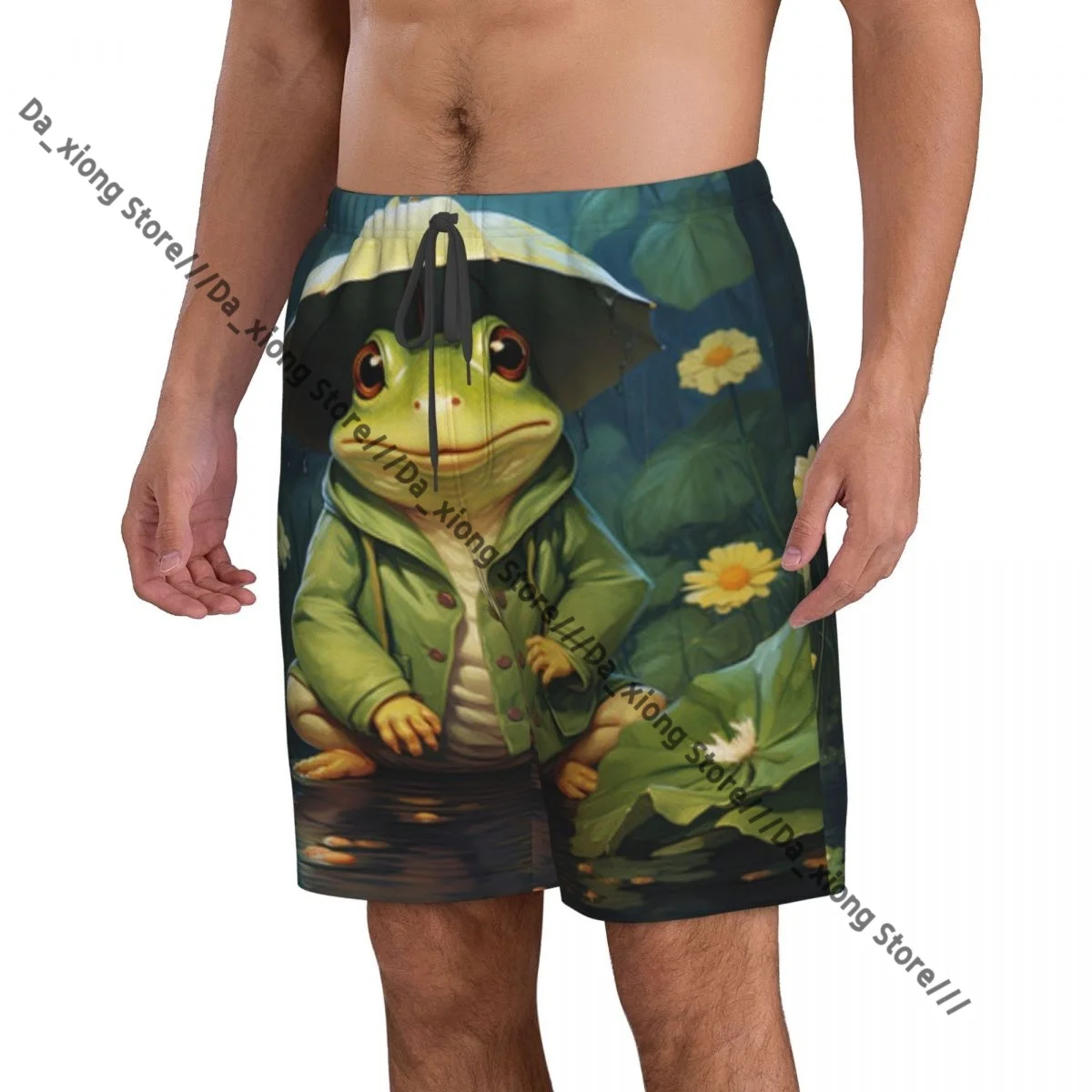 Men Beach Short Quick-drying Swimming Trunk Cartoon Frog In The Rain Swimwear Swimsuit Bathing Shorts
