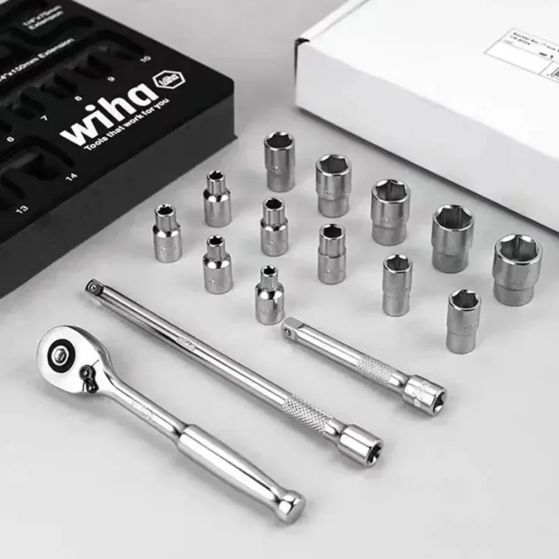 مجموعة مفاتيح ربط بسقاطة من WIHA 44683 مكونة من 16 قطعة مقاس 1/4 بوصة - 13 مقبسًا، وصلتان، 72 سنًا، تركيب احترافيًا