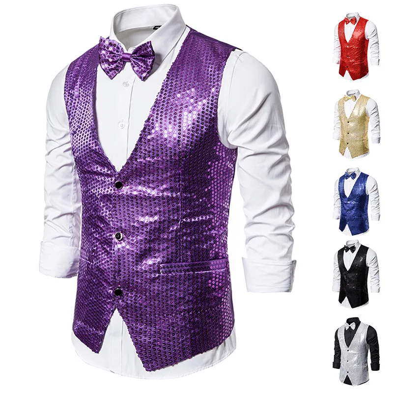 Sleeveless Vests for Men Paillette Homme Steampunk Shiny Gold Sequin 2 Pieces Mens Vest with Bowtie Party Stage Prom Waistcoat