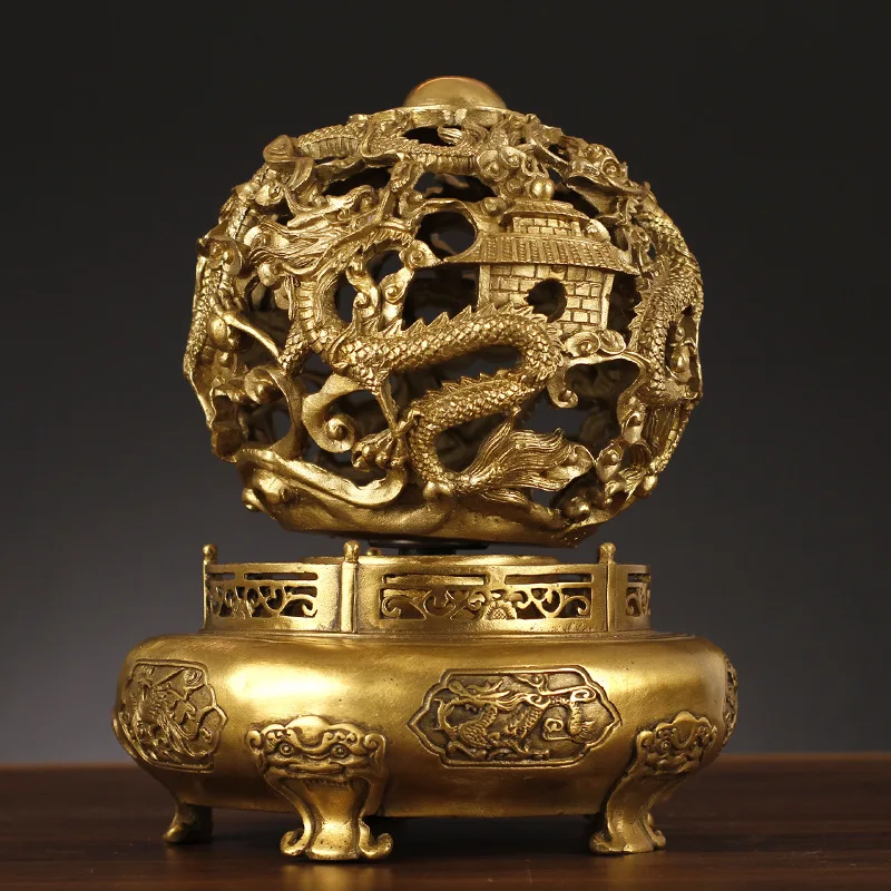 All-copper -Turn Heaven and Earth Ornament Nine Dragons Playing with Pearls Cauldron Home Decorative Craft