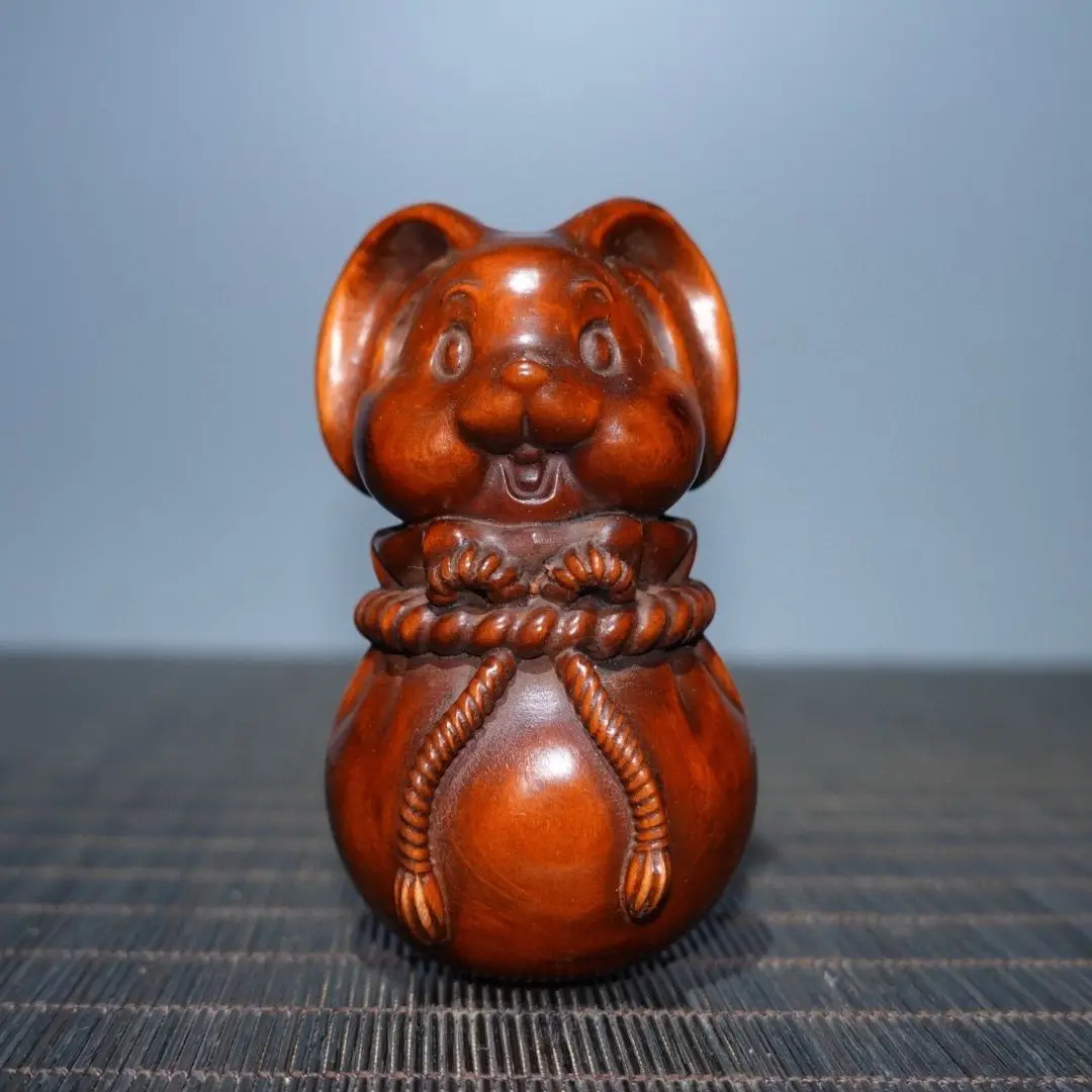 Hand Carved Wood money bag Rabbit Statue Figurine Desktop Ornaments Home Decoration Crafts Tea Pet Decor