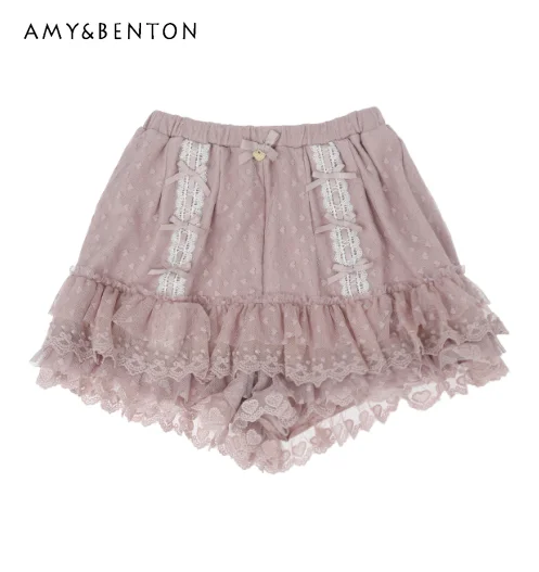 

Japanese Style Sweet Cute Shorts for Women Lace Bow Love Elastic Waist Pantalones Cortos De Mujer All-Match Kawaii Lolita Shorts