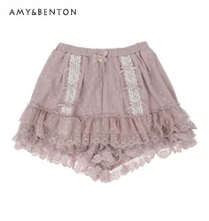 Japanese Style Sweet Cute Shorts for Women Lace Bow Love Elastic Waist Pantalones Cortos De Mujer All-Match Kawaii Lolita Shorts