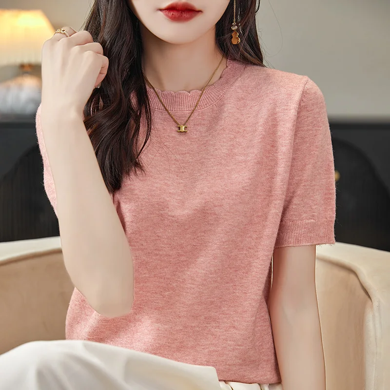 2024 Spring/Summer Women\'s Short sleeved Women\'s Cashmere Sweater Pullover Tank Top T-shirt Knitted Bottom Sweater Pullover