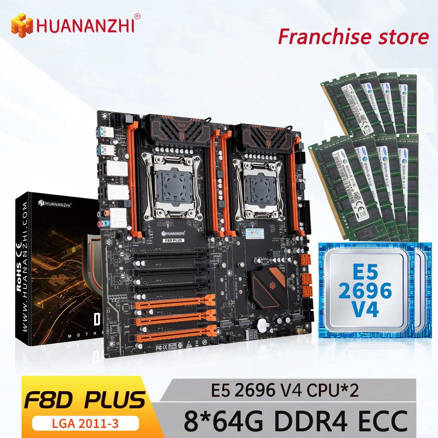 HUANANZHI-placa base X99 F8D PLUS LGA 2011-3 XEON X99, 인텔 E5 2696 V4 * 2 콘, 8x64G DDR4 RECC, 메모리 조합 키트