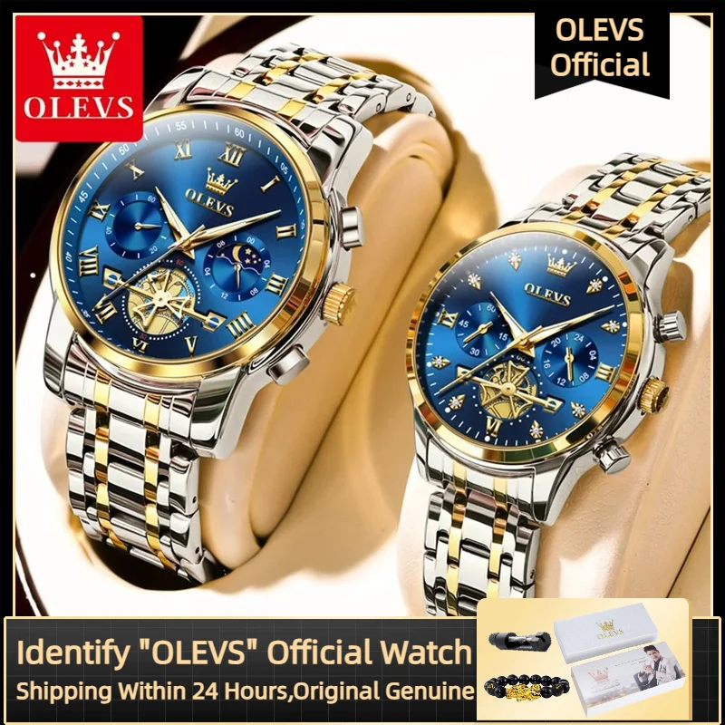 OLEVS Quartz Couple Watch Luxury Brand Waterproof Lunar Phase Timing Code Watch Elegant and Romantic Lover His  Her Couple Watch