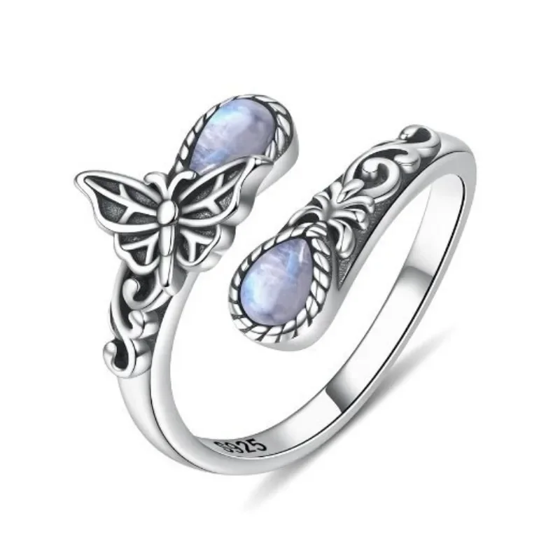 

Винтажные посеребренные кольца-бабочки с лунным камнем для женщин с кольцом из натурального камня, персонализированные регулируемые кольца для женщин