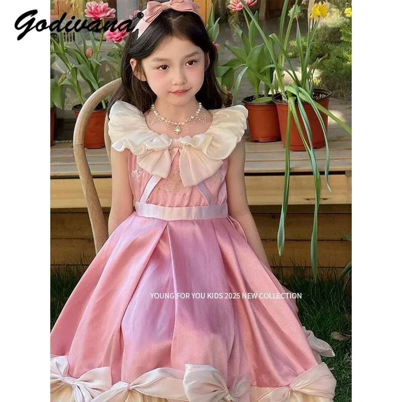 Sweet Girls Pink Princess Dress 2026 New Spring and Summer Ruffle Lace Bow Sleeveless Wedding Flower Girls Birthday Party Gown