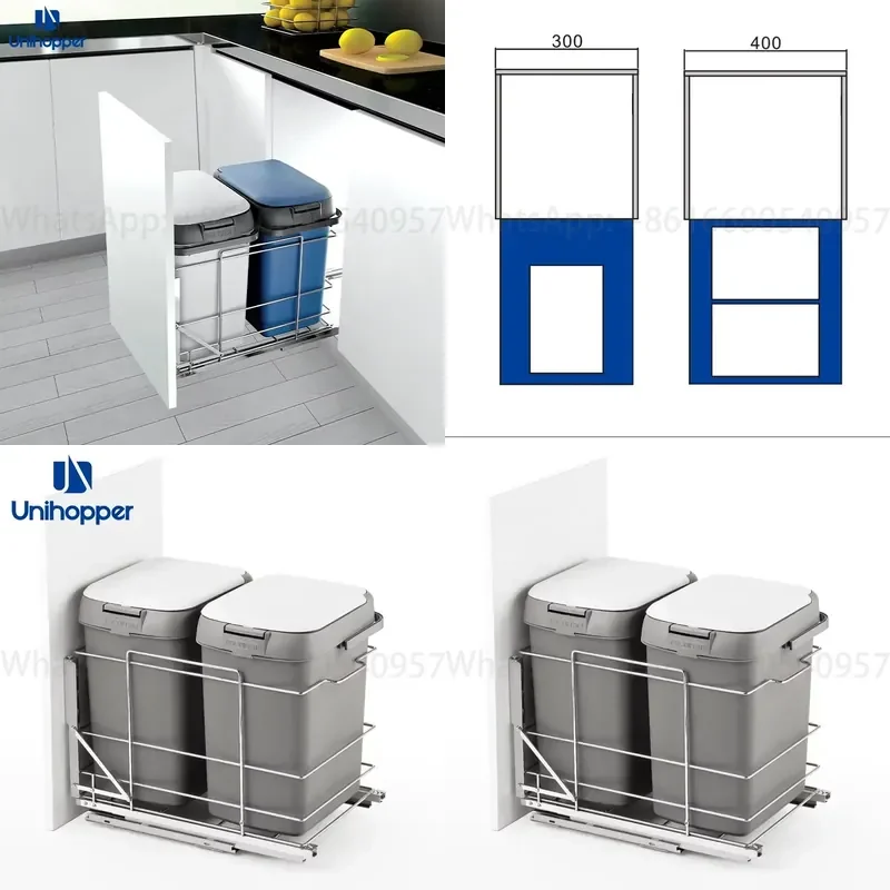 Unihopper Manufacturer Wholesale Soft Close Press Open Garbage Can Sliding Pull Out Kitchen Cabinet Plastic Garbage Trash Bin