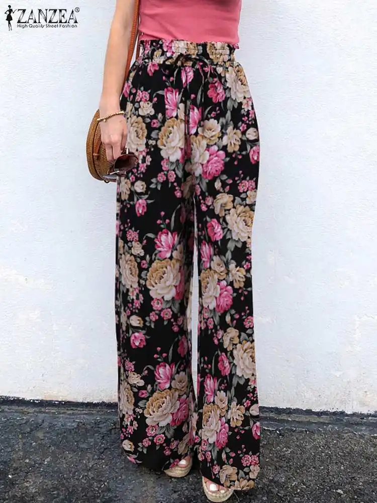 

ZANZEA Women Holiday Long Pants Fashion Wide Leg Trouser 2023 Autumn Elastic Waisted Pantalons Bohemian Floral Printed Pants