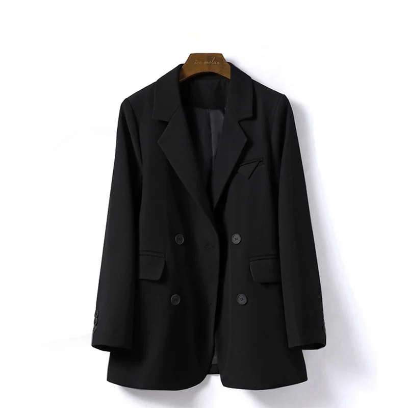 

Черный свободный повседневный универсальный элегантный костюм в корейском стиле, осень 2023, женский модный костюм из полиэстера со складками