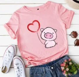 Camiseta con estampado de cerdo y corazón para Mujer, blusa holgada de manga corta con cuello redondo, ropa para Mujer