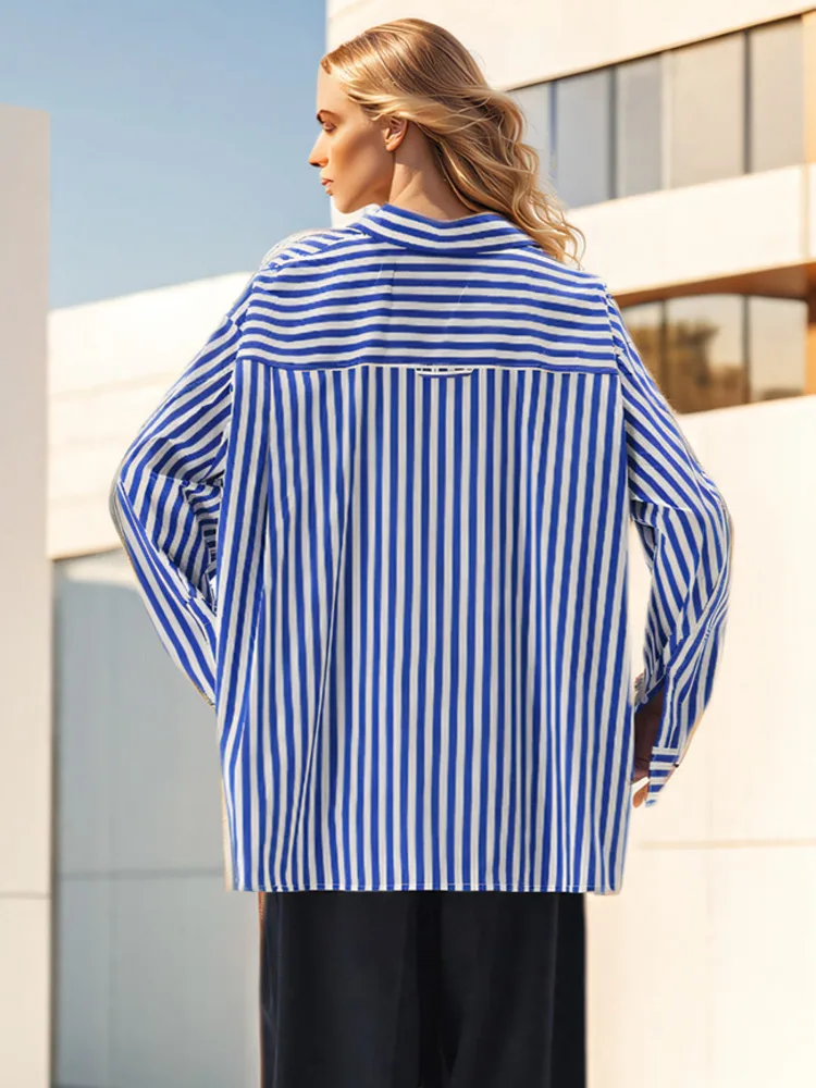 DEAT Fashion Women\'s Stripe Shirt Waist Retraction Single Breasted Contrast Color Casual Blouse Autumn 2024 New Tide CPDB221