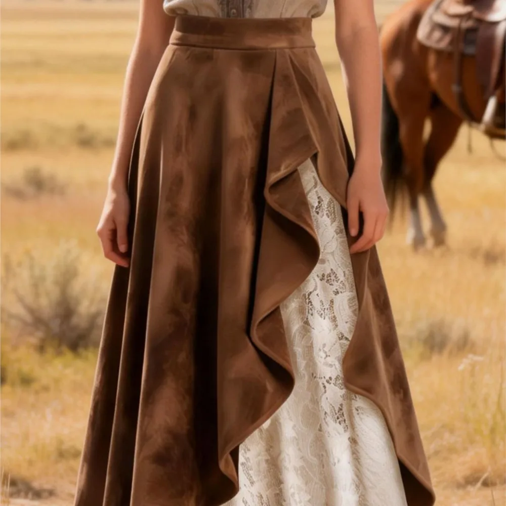 Retro High-waisted Skirt Fashionable Solid Color Lace Stitching A-line Asymmetrical Ruffled Slim-fitting Transparent Long Skirt