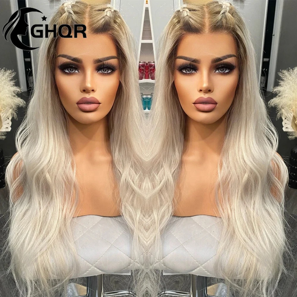 

Ash Blonde Human Hair Wigs natural wave Hd Transparent Lace Brown Roots Ombre Pre Plucked Blonde Lace Frontal Wig Human Hair