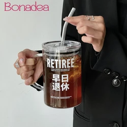 대용량 크리에이티브 물컵, 1 리터 용량 인쇄 유리 컵, 눈금 빨대 커피 차 컵, 뚜껑과 빨대 포함