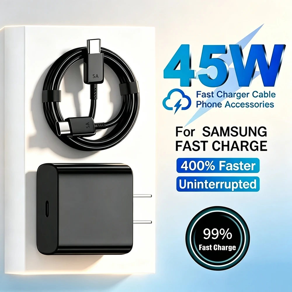US Plug 45W USB-C Super Fast Charger For Samsung S22 S23 FE S24 S25 S26 Plus A55 A56 A57 Type C to Type C Rapid Charging Cable