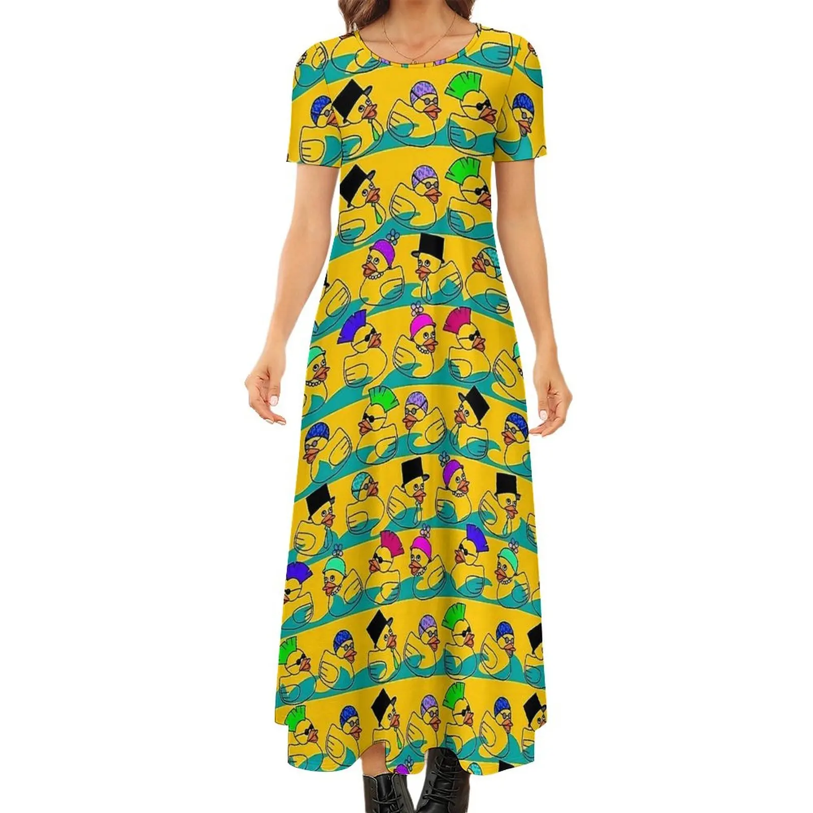 재미있는 고무 오리 프린트 원피스, 트렌디 맥시 원피스 스트리트 스타일, 보헤미아 롱 드레스, 여성 반팔, 오버사이즈 베스티도