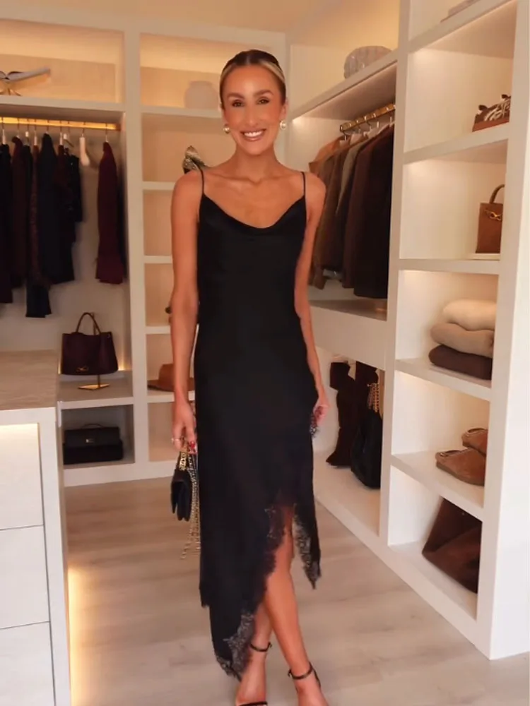 HH Donna Estate Moda Raso di seta Texture Decorazione in pizzo multistrato Abito sexy con fionda Abito longuette elegante e confortevole femminile