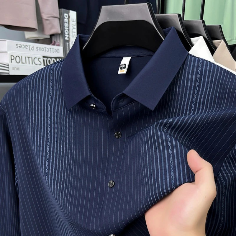 Men's Stretch Stripe Shirt - Elegant Slim Fit Long Sleeve for Business Casual | Wrinkle-Resistant Office-to-Commute Wear J58