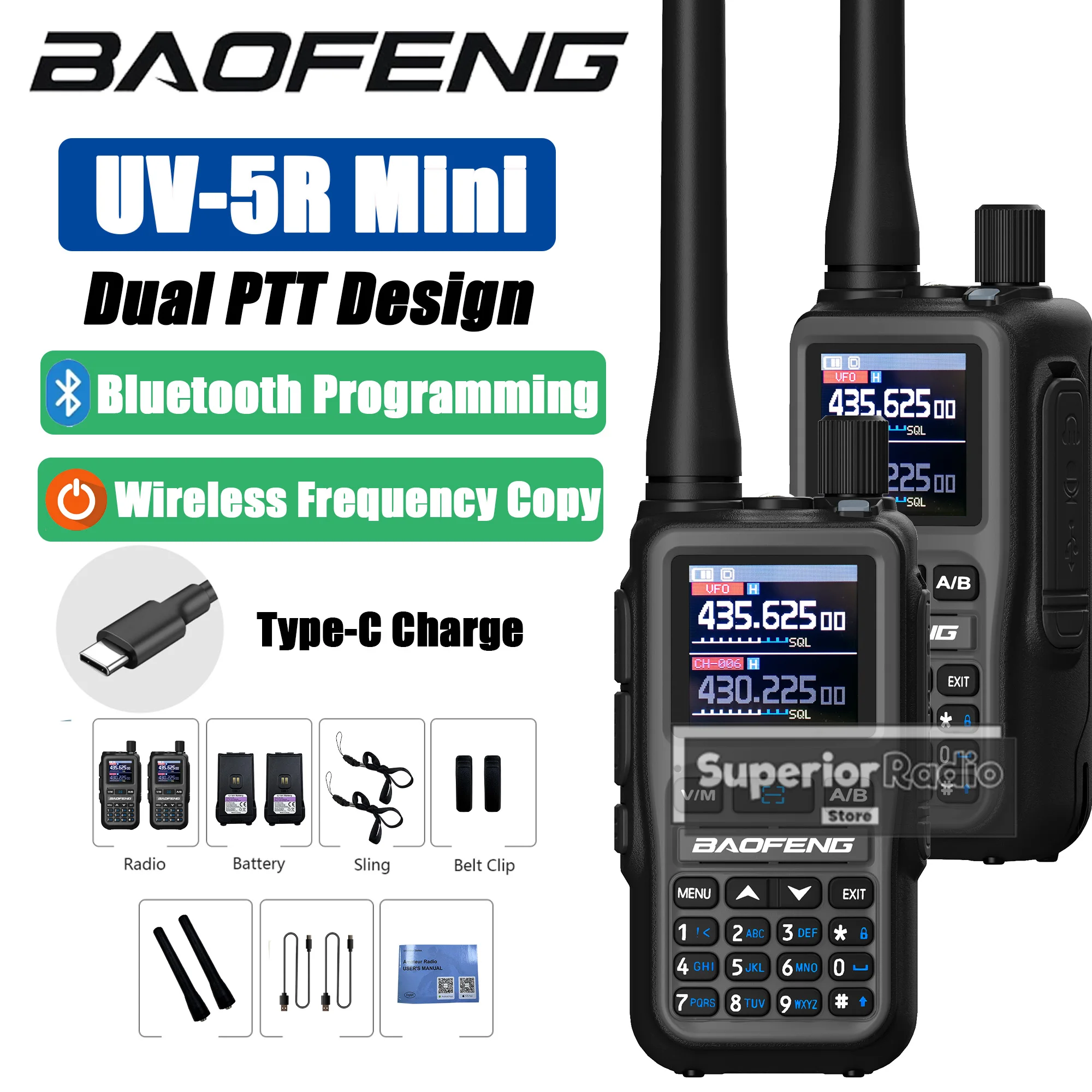 宝峰UV-5Rミニ無線機 Bluetooth APPプログラミング マルチバンド AM FM ワイヤレスコピー周波数 デュアルPTT Type-C 999チャンネル