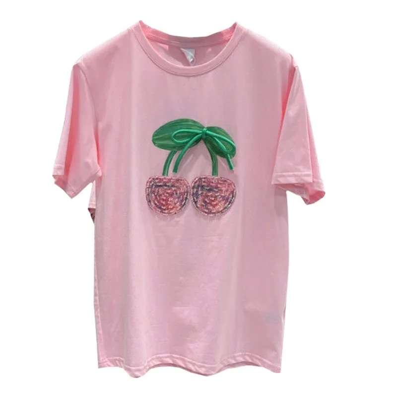 

Korean Style Oversized T Shirt Women Clothes Summer Fashion Female Tees Cherry Sequins Beading Harajuku Bowknot Kawaii Tops Girl