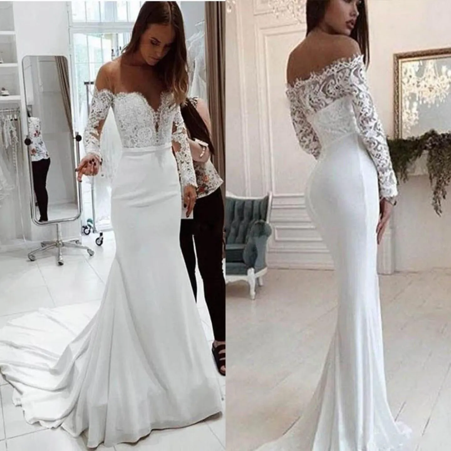 

Elegant Women's Summer Beach Mermaid Wedding Dresses for Bride Gowns Lace Strapless Full Sleeves Slim Off Shoulder Maxi Dresses