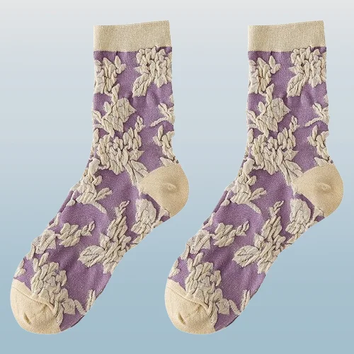 2024 New 5/10 Pairs Retro Purple Small Flower Three-dimensional Relief Trendy All-match Personality Pattern Mid-tube Socks