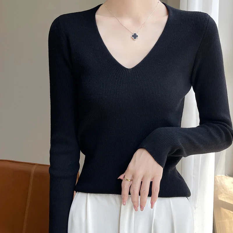 الربيع والخريف الخامس الرقبة الصوفى الصوف ضئيلة سترة السيدات رقيقة قاع قميص جديد طويل الأكمام لينة بلوزة جوكر متماسكة البلوفرات