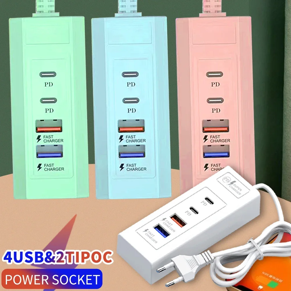 4 منافذ USB شاحن سريع متعدد الألوان نوع C محطة شاحن قطاع الطاقة آيفون 16 15 شحن الهاتف المقابس الكهربائية